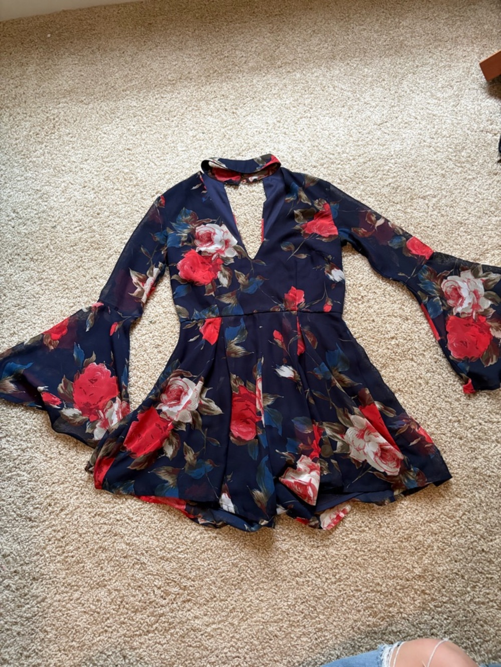 Navy Floral V-Neck Bell Sleeve ROMPER